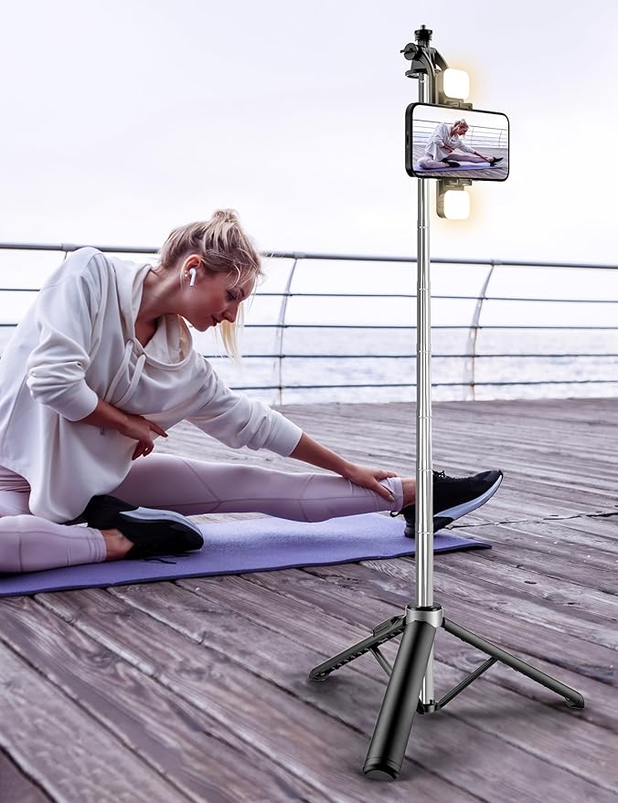 53'' Selfie Stick Tripod with Light, Extendable Selfie Stick with Remote - Image 9
