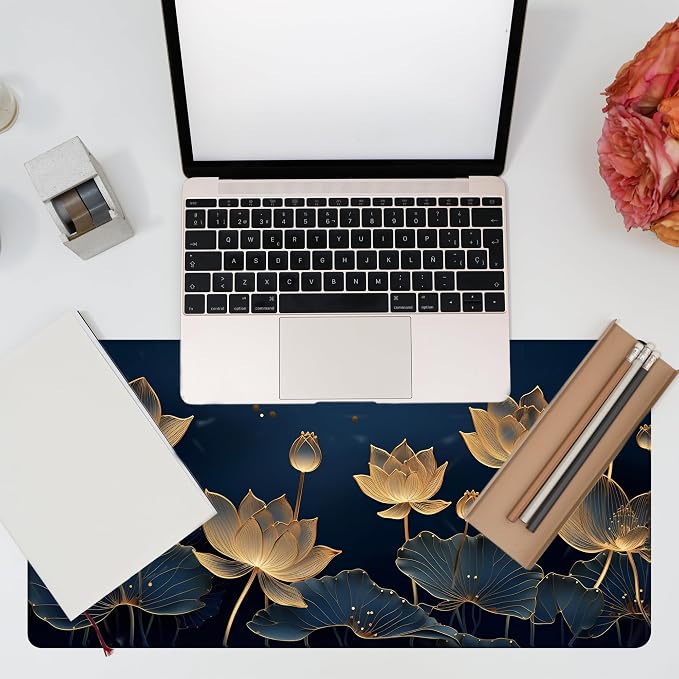 Desk Pad, Luxury Golden Lotus Line Arts Desk Mat, Dark Blue Background Large - Image 7