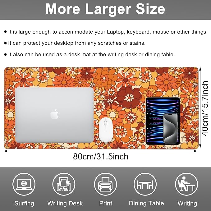 Mouse Pad, Large Retro Boho Hippie Flower Desk Mat, Extended Non-Slip Gaming - Image 2