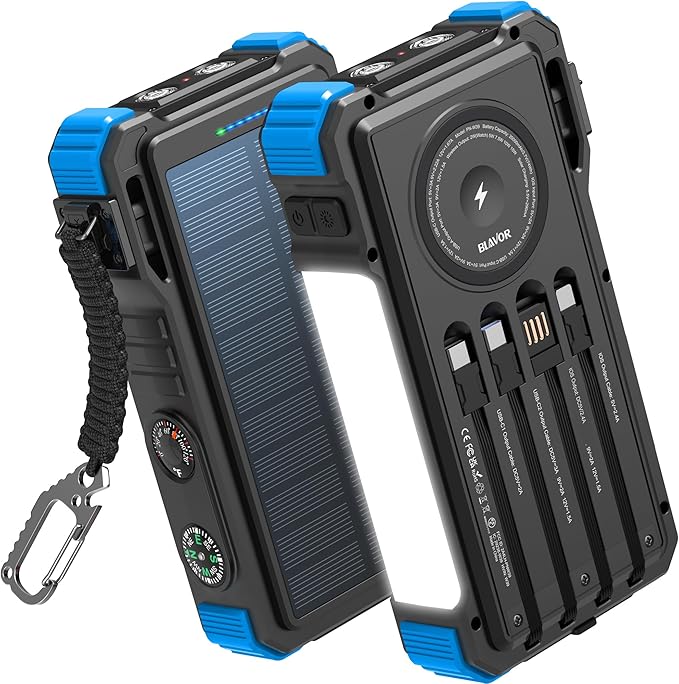 BLAVOR Solar Power Bank 20000mAh Built-in Cables, Wireless Charger by BLAVOR