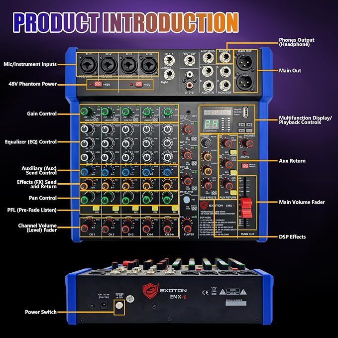 EXOTON Professional Audio Mixer Console, 6 Channel - Image 2