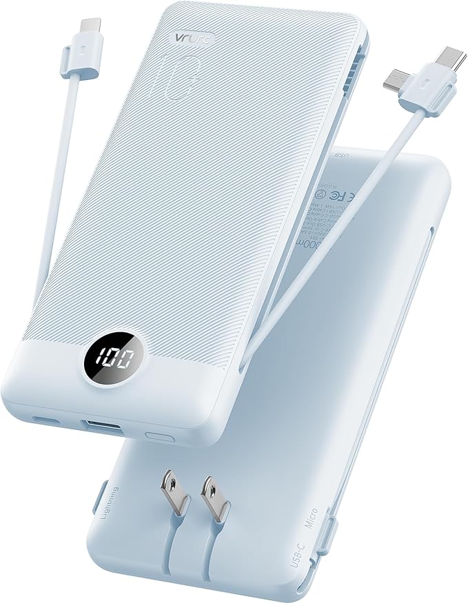 VRURC Portable Charger Built-in Cables and AC Wall Plug, USB C Power Bank by Home