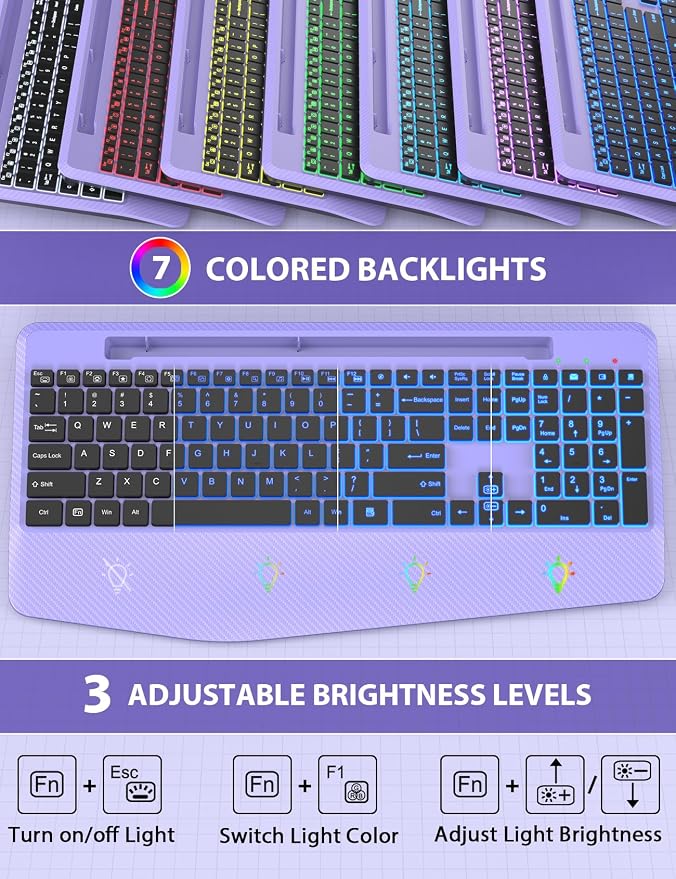 Wireless Keyboard and Mouse Backlits, Wrist Rest, LED Mouse, Rechargeable - Image 2