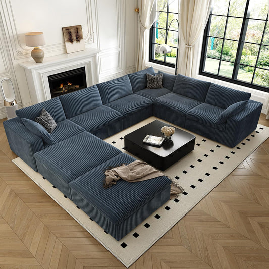 157.5" Cloud Couch Oversized Modular Sectional Sofa for Living Room,Modern Sofa with Deep Seat，8 Seater Boneless Couch with 2 Ottoman,Comfy Upholstered Couches for Apartment, Studio, Office,Blue