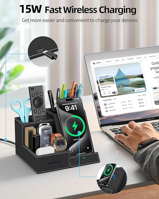Wireless Charger with Desk Organizer, Pen Pencil Holder, Office Supplies and - Image 2