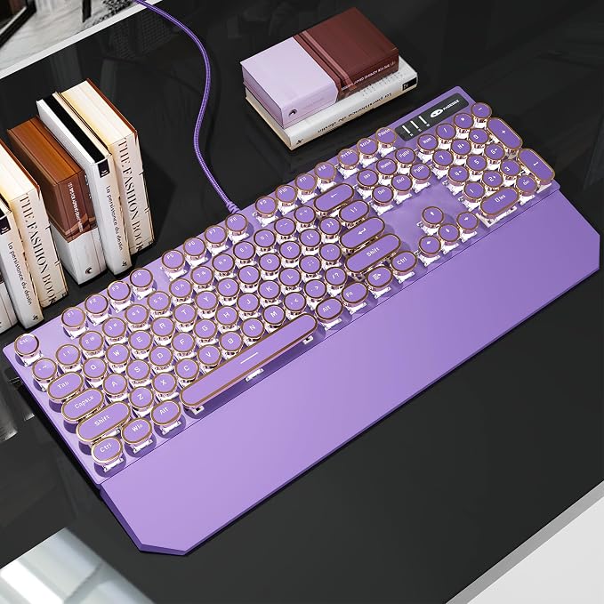 MageGee Typewriter Mechanical Gaming Keyboard, Retro Punk Purple Round Keycaps - Image 5