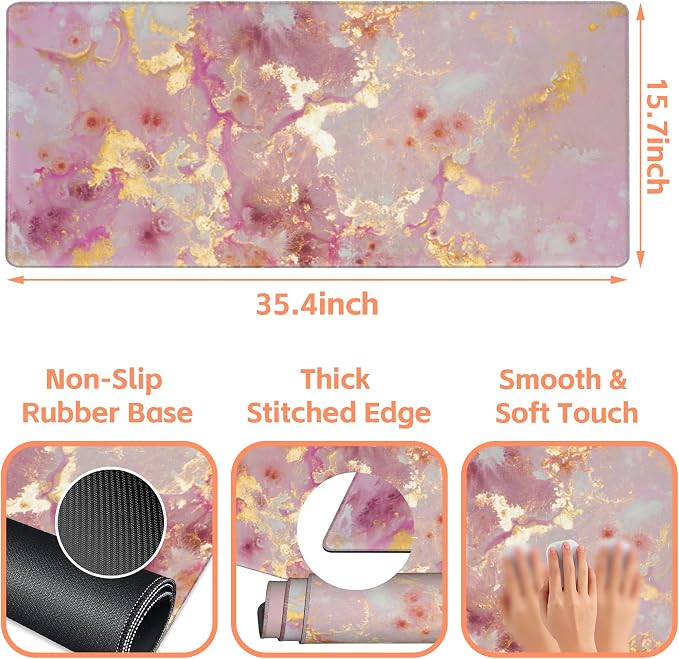Mouse Pad Large Pink and Gold Marble Non-Slip Gaming Desk Mat - Image 3