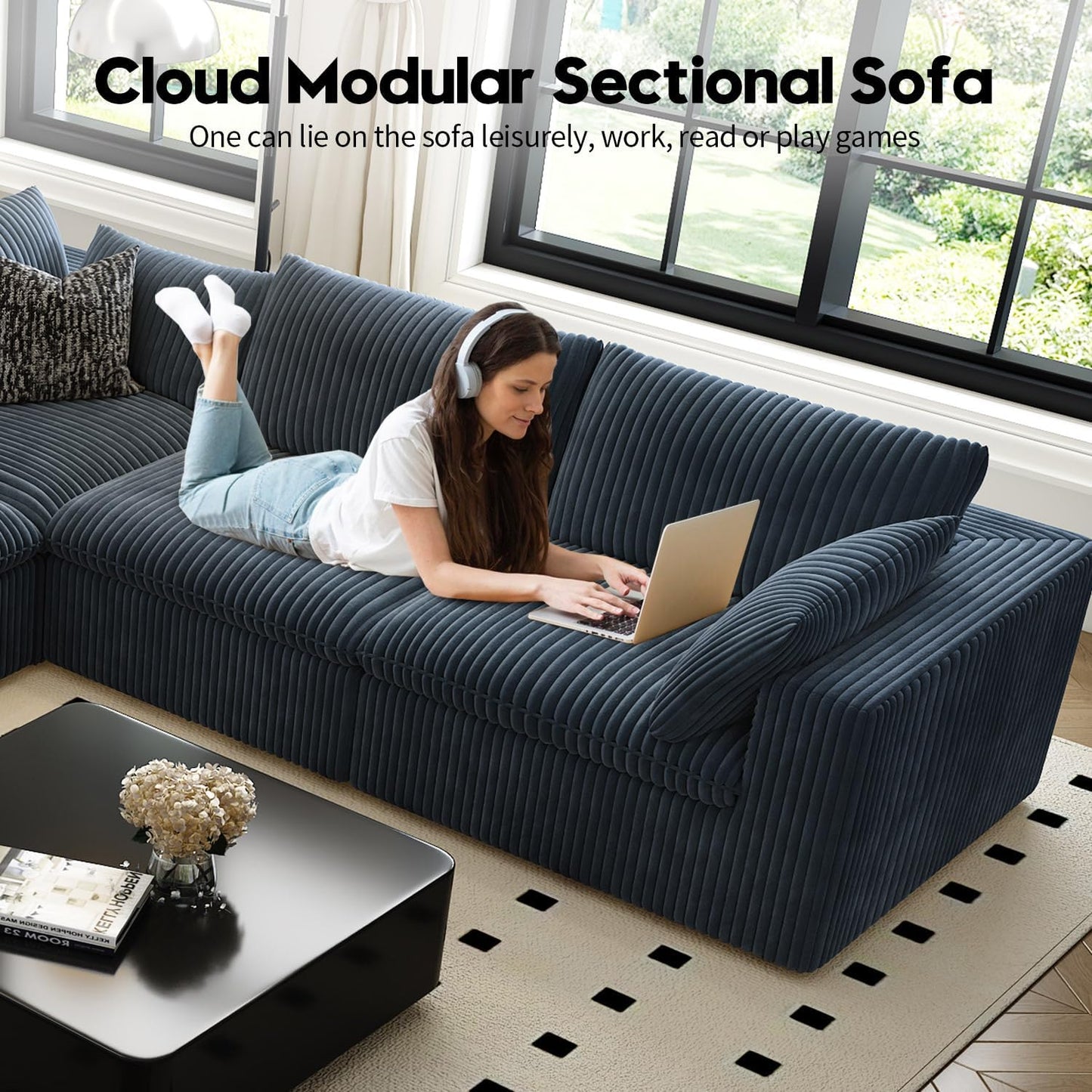 118" Cloud Couch Oversized Modular Sectional Sofa for Living Room,Modern Sofa with Deep Seat，V Shaped Boneless Couch,Comfy Upholstered Corduroy Couches for Apartment, Studio, Office,Bedroom，Blue