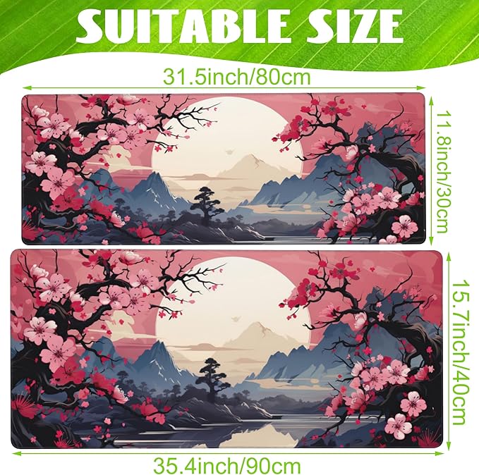 Pink Cherry Blossom Tree Desk Pad, Mountains and Sun Large Gaming Mouse Mat - Image 2