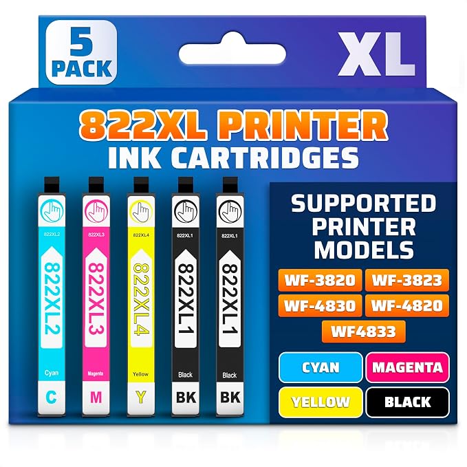 Reluen 5-Pcs 822XL Printer Ink Cartridges – High Capacity 2 Black & 3 Standard by Reluen