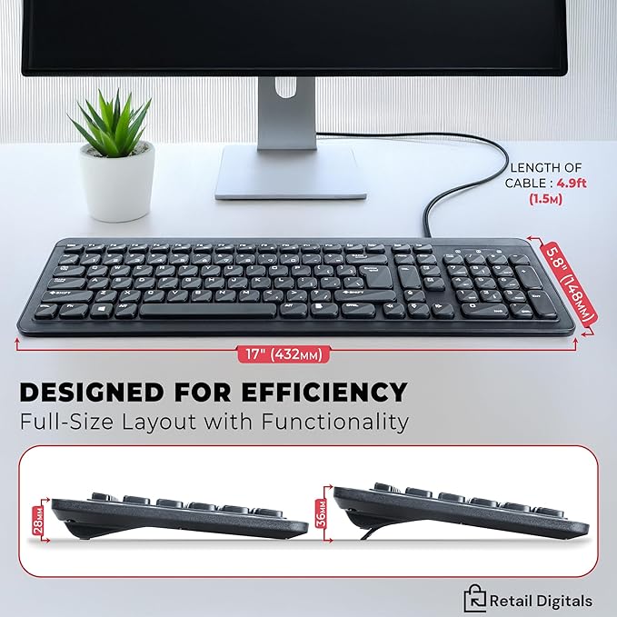 Wired USB Keyboard | Full-Sized | Ergonomic | Soft Typing | QWERTY Layout | - Image 3