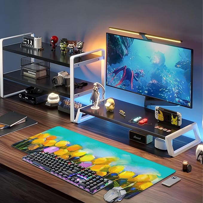 Tulips Flowers Desk Mat, Large Yellow and Violet Tulip Flowers Gaming Keyboard - Image 6
