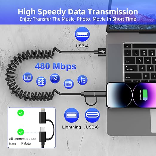 USB to USB-C and Lightning Cable Combo 2 in 1 Coiled Cable Support Apple - Image 5