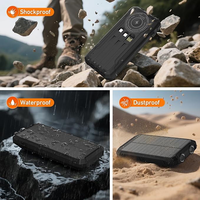 Solar Power Bank 20000mAh Wireless Portable Charger Built-in 3 Cables 15W USB-C - Image 6