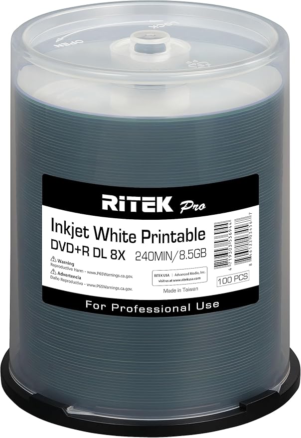 100 Pack Ritek Pro DVD+R DL Dual Layer 8X 8.5GB White Inkjet Hub Printable by Ritek+Pro