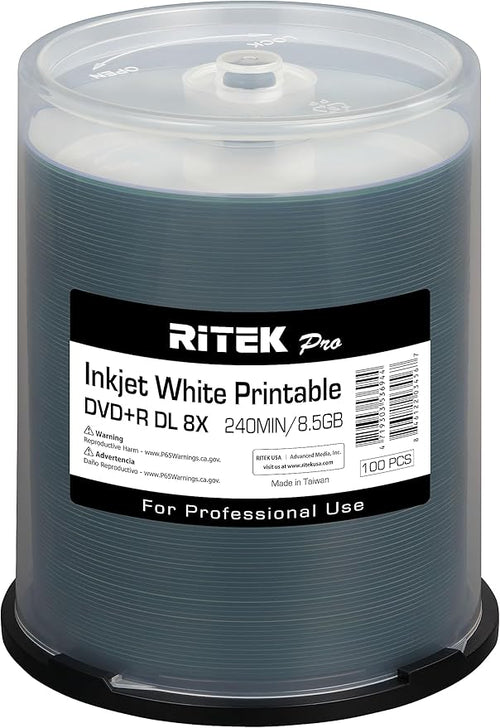 100 Pack Ritek Pro DVD+R DL Dual Layer 8X 8.5GB White Inkjet Hub Printable by Ritek+Pro