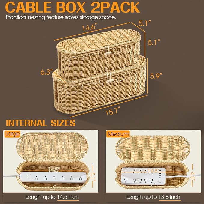 FairyHaus Cable Management Box 2Pack Caramel, Handwoven Large and Small Cable - Image 3
