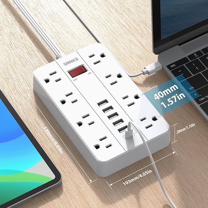 Power Strip with USB, Surge Protector Flat Plug with 8 Widely Spaced Outlets - Image 5