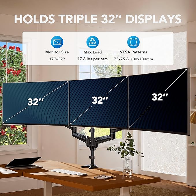 HUANUO Triple Monitor Mount for 17 to 32 inch Screens, Adjustment Gaming Triple - Image 2