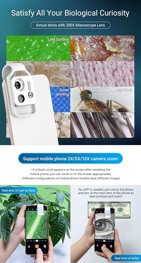 200X Magnification Microscope Lens withCPL Mobile LED Light Micro Pocket Macro - Image 7
