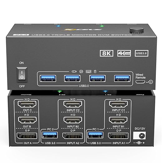 KVM Switch 3 Monitors 2 Computers 8K@60Hz/4K@144Hz, HDMI Displayport KVM by Welcometothebrandflagship