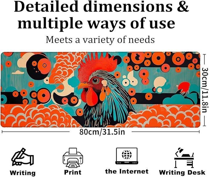 Art Rooster Gaming Mouse Pad, Large Office Desk Mat, Anti-Slip Rubber Base - Image 3