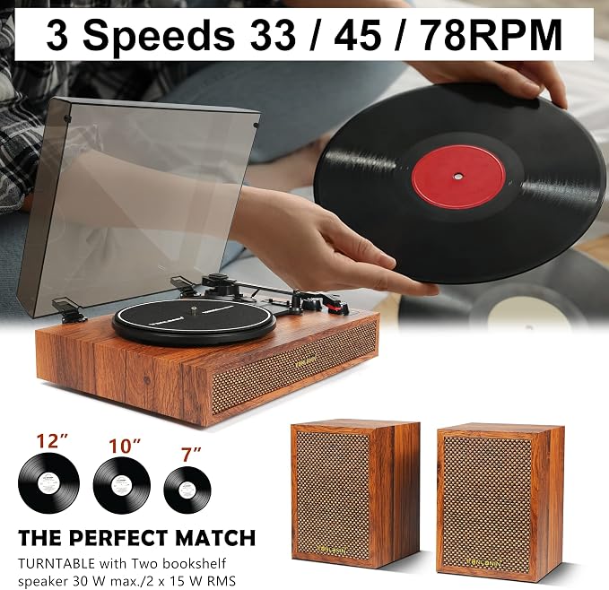 Vinyl Record Player with External Speakers, 3 Speed Bluetooth Turntable - Image 9