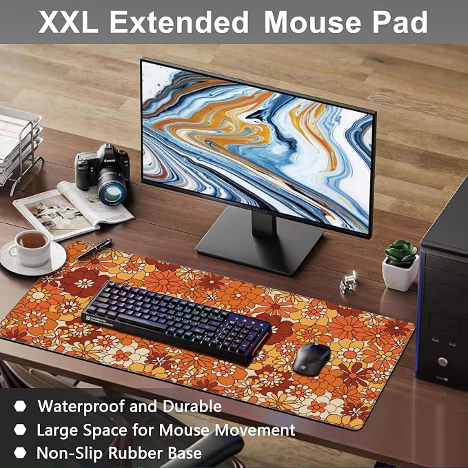 Mouse Pad, Large Retro Boho Hippie Flower Desk Mat, Extended Non-Slip Gaming - Image 6
