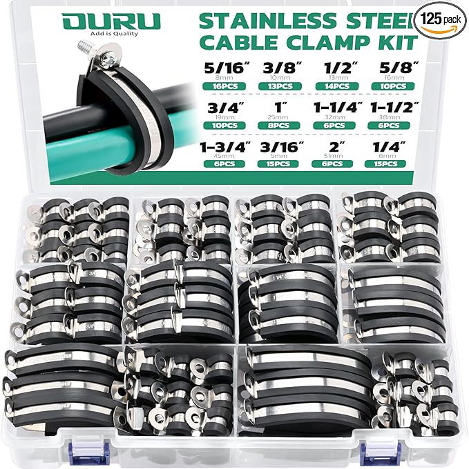 125PCS Cable Clamp, 12 Sizes Stainless Steel Rubber Coated Cushioned Insulated by OURU