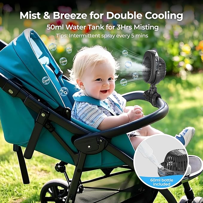 Misting Baby Stroller Fan, 4000mAh Rechargeable Battery Operated, 270°Pivoting - Image 2