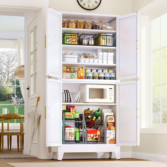 75.2" Tall Metal Pantry Cabinet, Kitchen Pantry Storage Cabinets with 4 Door and 4 Adjustable Shelves, White Storage Cabinet, Freestanding Cupboard for Kitchen Dining Room Living Room Bathroom