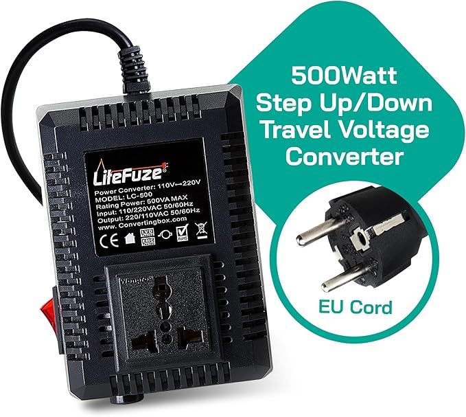 LiteFuze 500 Watt Step Up/Step Down Travel Voltage Converter, 220/110v to - Image 2