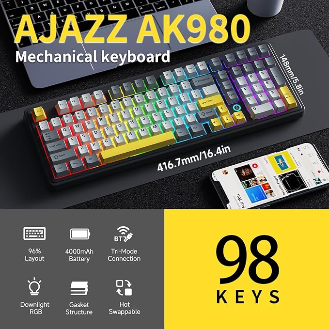 NACODEX Ajazz AK980 Grey Yellow Wireless Mechanical Gaming Keyboard, Tri-Mode - Image 2