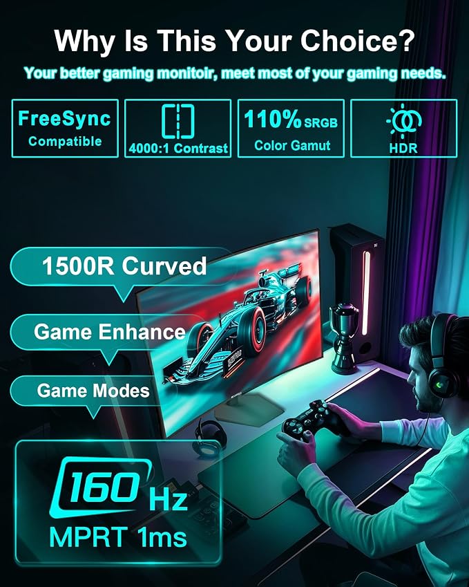 SANSUI 27 Inch Curved 160Hz Gaming Monitor, 1500R Curved Computer Gaming - Image 2