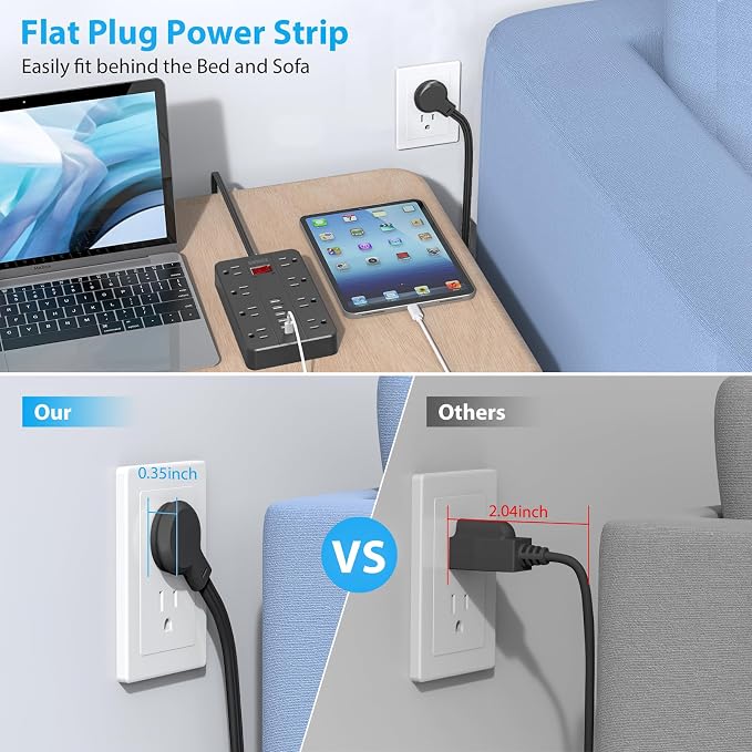 10 Ft Extension Cord Surge Protector, SMNICE 8 Widely Spaced Outlets and 6 USB - Image 2