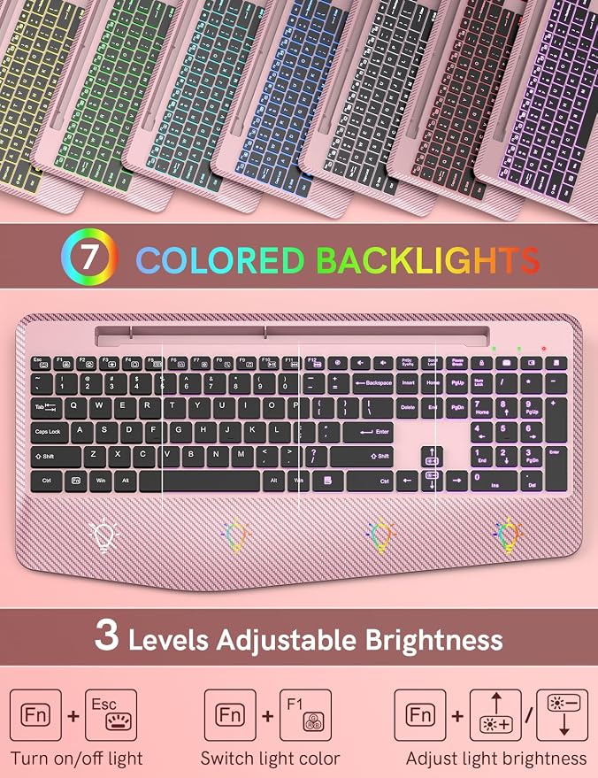 Wireless Keyboard with 7 Colored Backlits Wrist Rest, Phone Holder, - Image 2