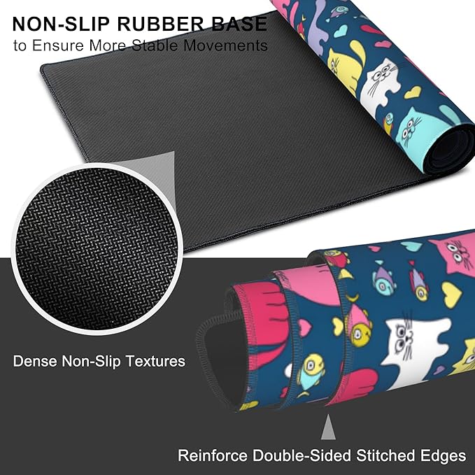 Mouse Pad, Large Cartoon Cats and Fish Desk Mat, Extended Non-Slip Gaming - Image 3