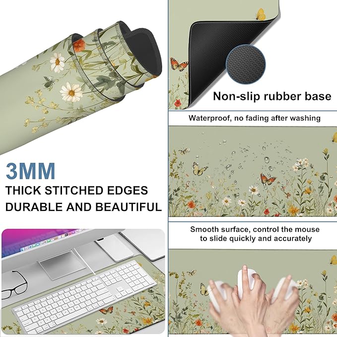 Large Mouse Pad Wildflowers Gaming Desk Pad Computer Keyboard Non-Slip - Image 2