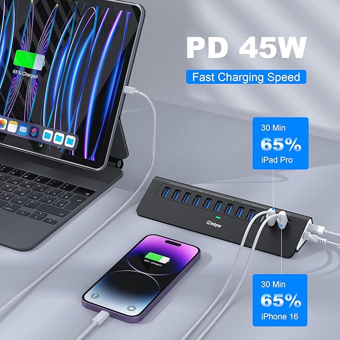 Powered USB Hub 10Gbps, intpw YH9AC 12-Port USB C Hub - Image 4