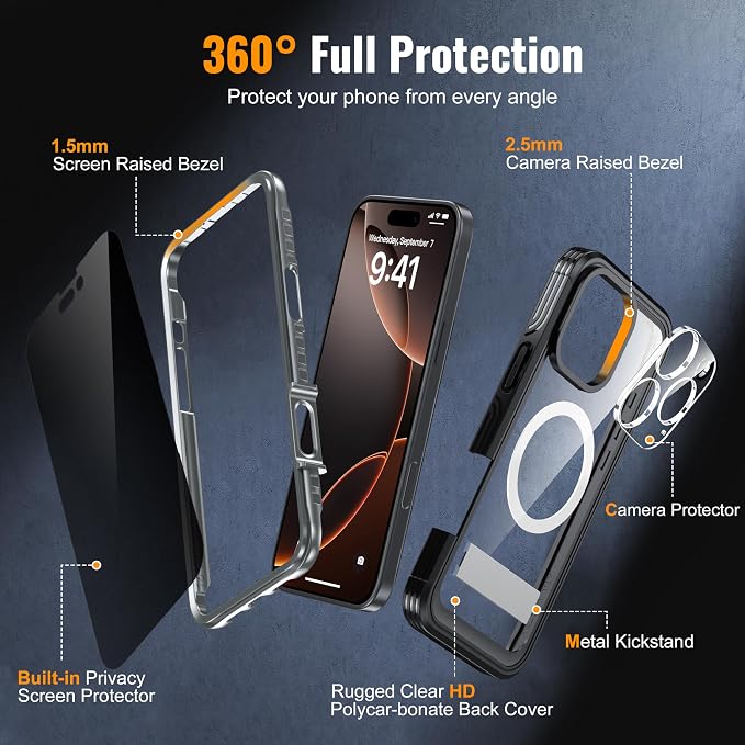 Magnetic & Stand for iPhone 16 Pro Max Case Built-in Privacy Screen Protector - Image 6