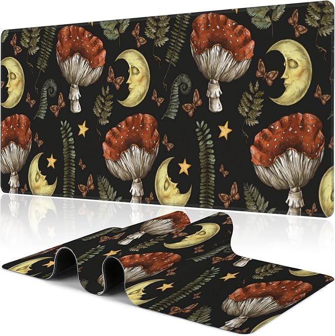 Vintage Magic Forest Desk Mat, Large Moon Amanita Mushroom and Forest Botanical by NIYLYNSYN