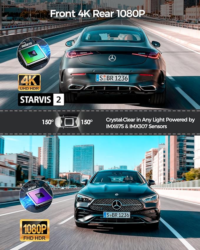 4K Dash Cam Front and Rear STARVIS 2 IMX675 & IMX307 Dual HDR, Car Camera - Image 4