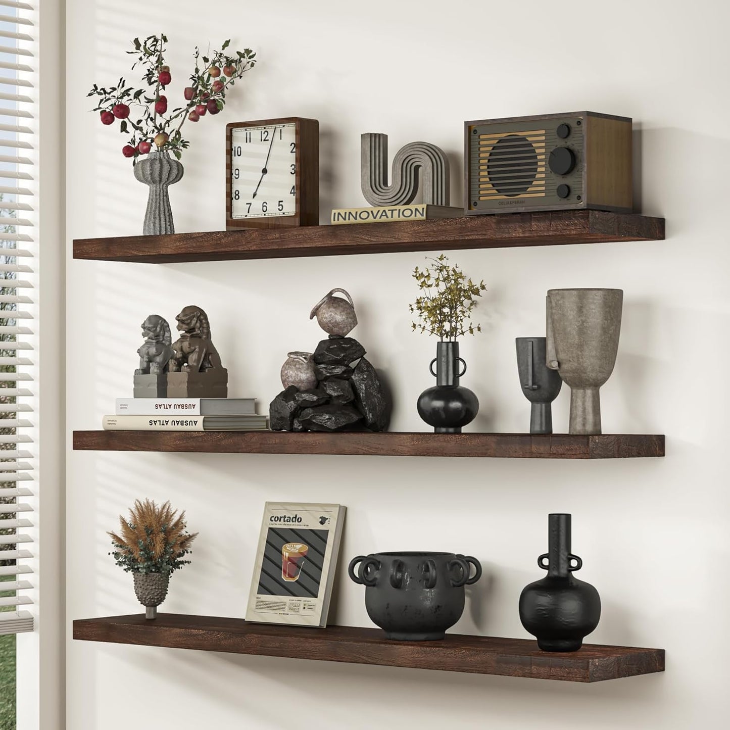 55 Inch Floating Shelves for Wall, Elm Wood Floating Shelves for Home Décor, Wall-Mounted Display Shelves with Heavy-Duty Bracket, Live Edge Long Floating Shelf for Kitchen, Living Room, Walnut
