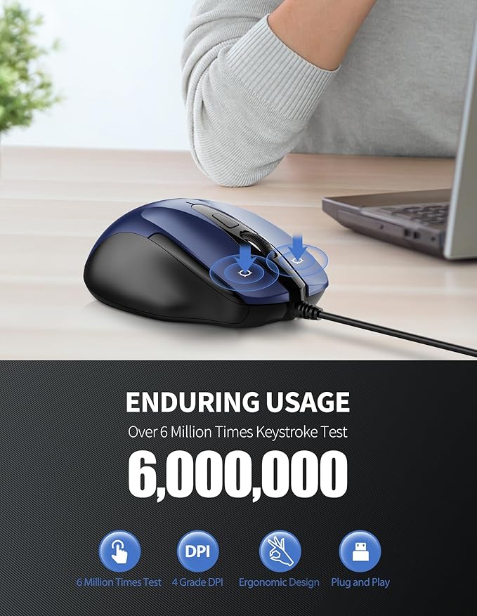 TECKNET USB Wired Mouse, 6-Button Corded Mouse - Image 5