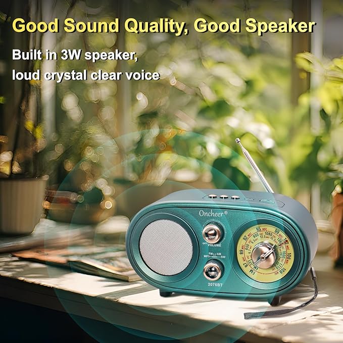 Oncheer Portable Retro Vintage Bluetooth Speaker Radio, FM/AM/SW 3 Band - Image 2