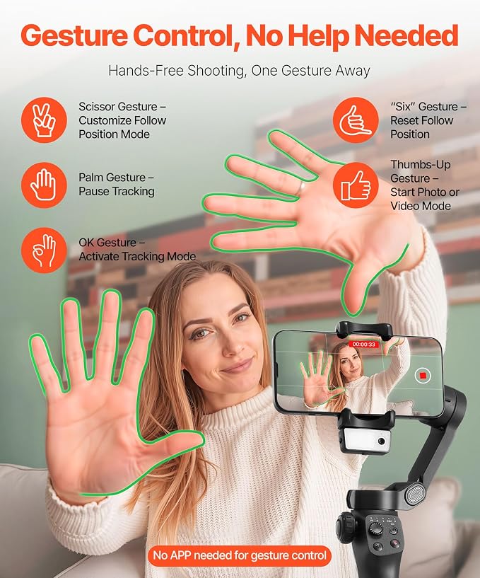 VEVOR Gimbal Stabilizer for Smartphone, 3-Axis Stabilization, AI-Powered Phone - Image 4