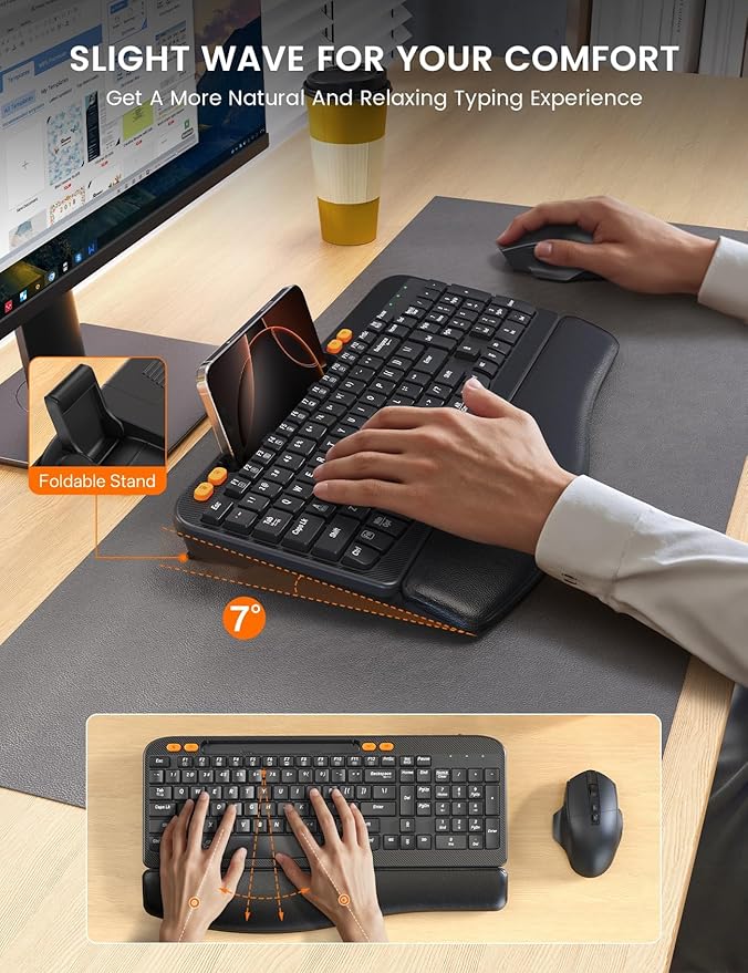 Wireless Keyboard and Mouse Combo, Ergonomic Wave Keys, Cushioned Plam Rest - Image 2