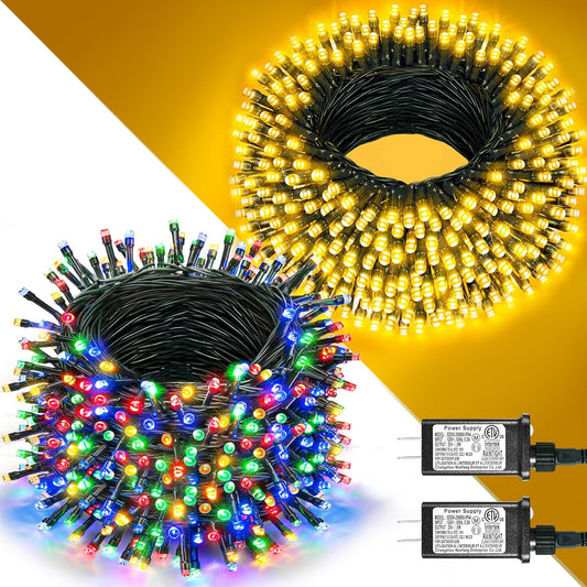 2 Pack Christmas Lights Outdoor, Total 200FT 600LED Christmas String Lights Waterproof, Green Wire Twinkle Tree Lights for Indoor Patio Party Decorations, 1 Pack Warm White & 1 Pack Multicolor