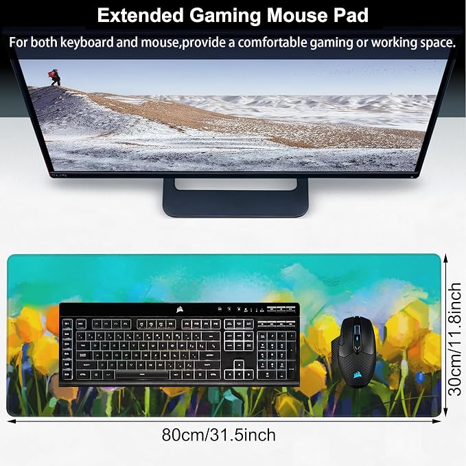 Tulips Flowers Desk Mat, Large Yellow and Violet Tulip Flowers Gaming Keyboard - Image 2
