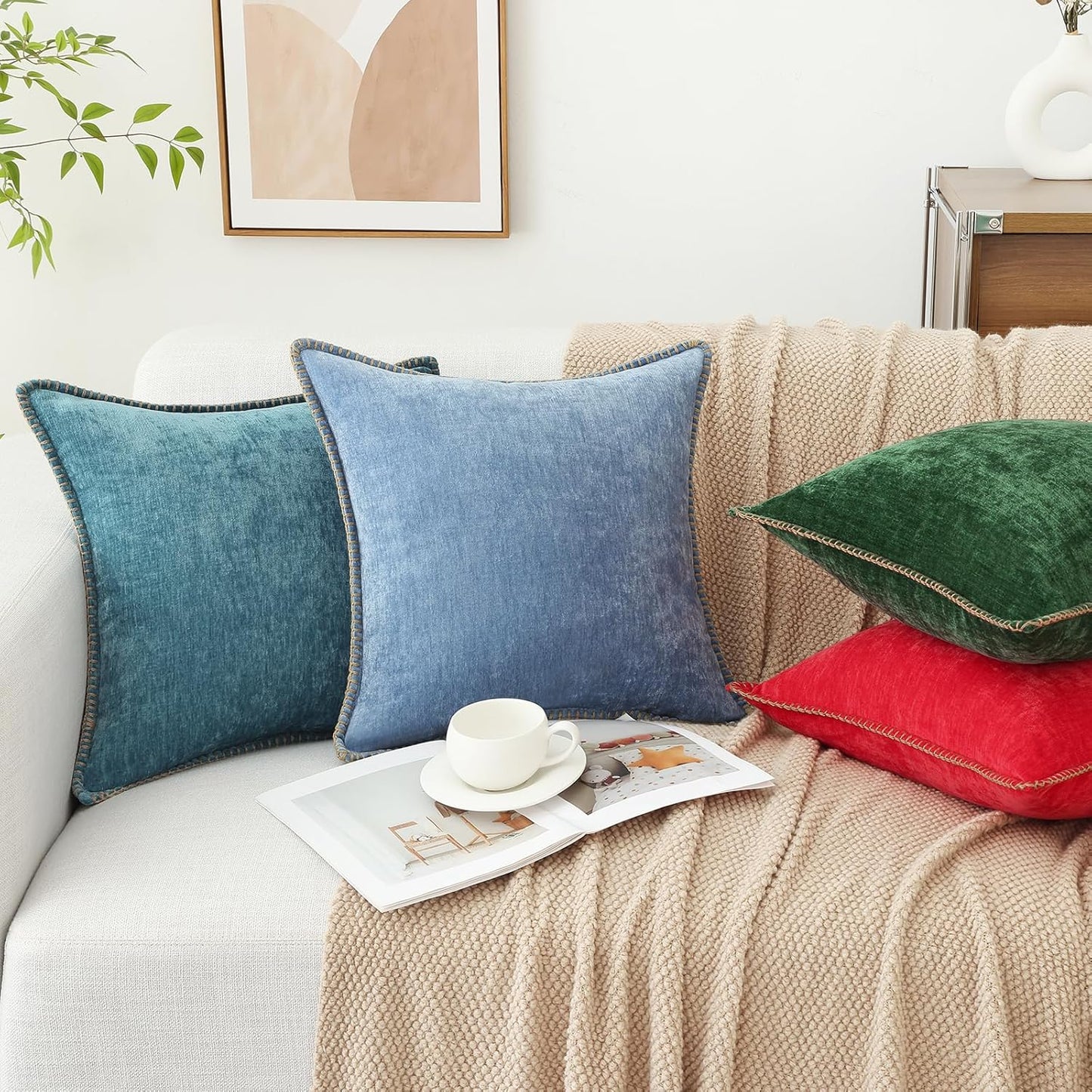 decorUhome Chenille Soft Throw Pillow Covers 20x20 Set of 2, Farmhouse Velvet Neutral Decorative Euro Pillow Covers with Stitched Edge for Couch Sofa Bed Home Decor, Blue